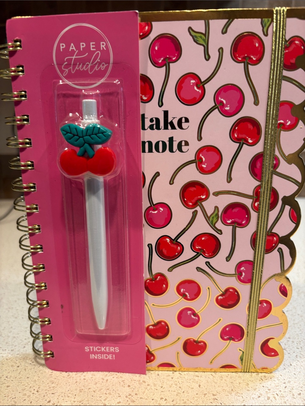 Pink Cherry Spiral Journal with White Cherry Pen NEW